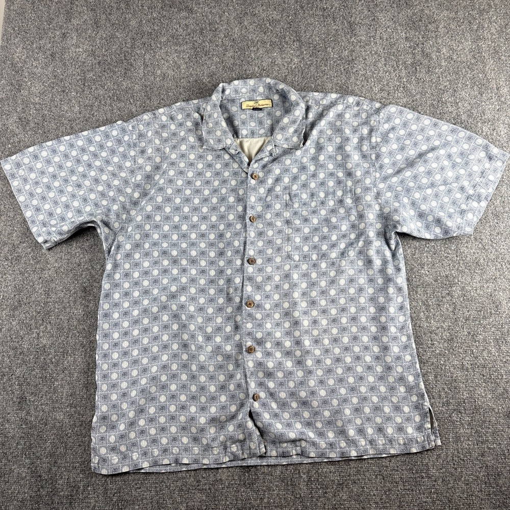 Vintage Tommy Bahama 100% Silk Camp Shirt XL Blue Geometric Palm Tree Mosaic